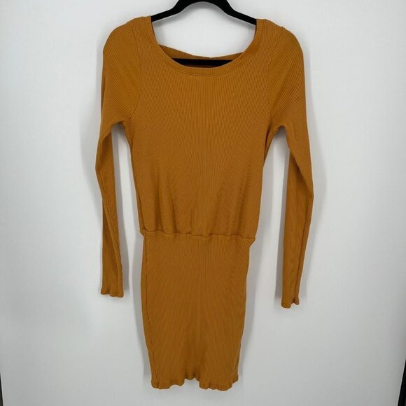 Free People Beach Womens On The Rooftop Mini Dress Size L Mustard Yellow Ribbed - Picture 1 of 11
